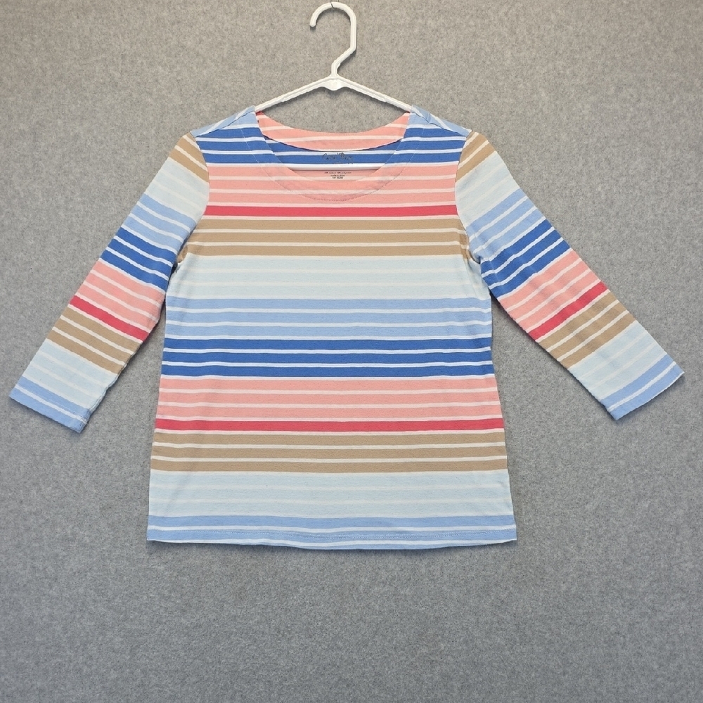 Coral Bay Petite Striped 3/4 Sleeve Top PS Cotton Blend